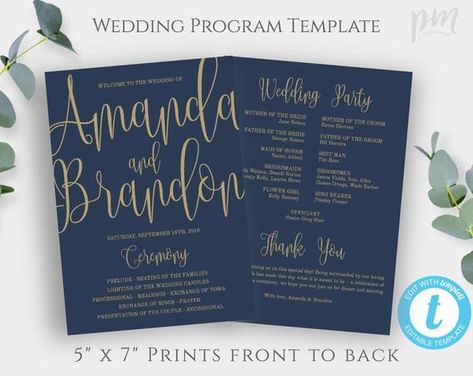 Blue And Gold Wedding Program Template, Printable Navy Order of Service, DIY Editable Calligraphy Ce Printable Wedding Program Template, Program Wedding, Printable Wedding Programs, Wedding Programs Template, Ceremony Programs, Order Of Service, Thumb Drive, Navy Wedding, Program Template