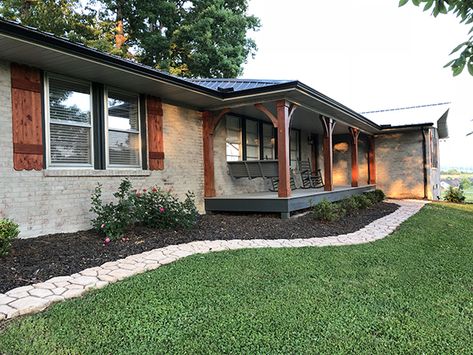 Dave and Brittany’s Rancher Updates | Less Than Perfect Life of Bliss | home, diy, travel, parties, family, faith Brick Ranch Houses, Cool Basement, Renovation Exterior, Ranch House Remodel, Ranch House Exterior, Painted Brick House, Exterior House Remodel, House Front Porch, Porch Addition