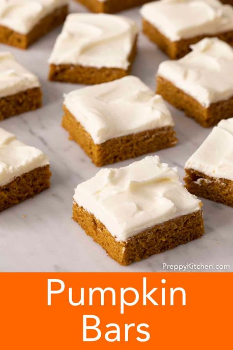 You'll love these soft, richly-spiced pumpkin bars from Preppy Kitchen topped with silky cream cheese frosting. My classic pumpkin bars are the perfect Fall treat; an easy to make pumpkin spice treat, topped with the best frosting ever, cut into perfectly sized squares. #bestpumpkinbars #bestpumpkindessert #pumpkinbars Best Pumpkin Bars, Pumpkin Bars Recipe, Easy Pumpkin Bars, Pumpkin Spice Treats, Pumpkin Squares, Pumpkin Cravings, Cheesecake Oreo, Creamy Frosting, Frozen Pumpkin