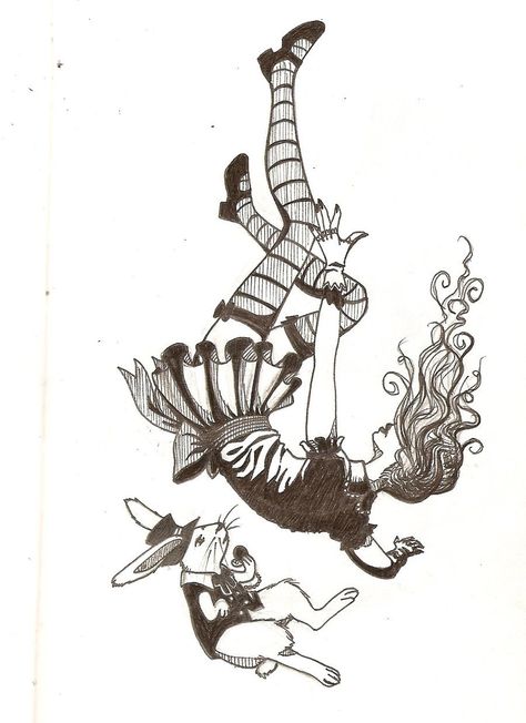 not much to say...drew this in black pen. Its meant to be Alice and the rabbit. Falling Down The Rabbit Hole, Hole Drawing, Alice Rabbit, Alice In Wonderland Rabbit, Alice And Wonderland Tattoos, Dibujos Toy Story, Alice In Wonderland Vintage, Alice In Wonderland Drawings, Alice In Wonderland Aesthetic