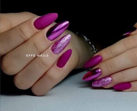 Pink Sparkle Nails Design, Magenta Sparkle Nails, Magenta Pink Nails Design, Magenta Chrome Nails, Uñas Color Magenta, Magenta Pink Nails, Magenta Nails Design, Magenta Nail Art, Nails Fucsia