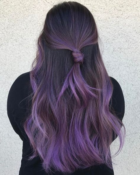 Pastel Purple Hair Highlights, Lilac Balayage Brunettes, Brown And Purple Hair Balayage, Purple Balayage Hair, Purple Balayage, Purple Ombre Hair, Black Hair Dye, Balayage Hair Dark, Hair Color Purple