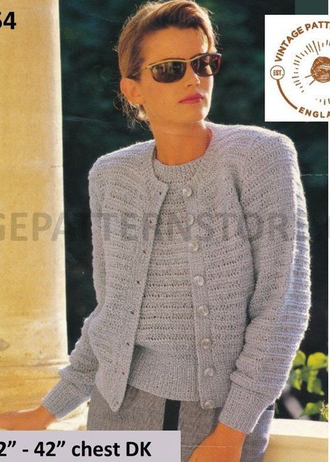 Ladies Womens 90s DK round neck lacy lace striped raglan cardigan sweater jumper twin set pdf knitting pattern 32 to 42 bust Download 2754 Twin Set Sweater, Raglan Cardigan, Long Jumpers, Jumper Knitting Pattern, Fair Isle Cardigan, Raglan Sweater, Knitting Women Cardigan, Pdf Knitting Pattern, Twin Set