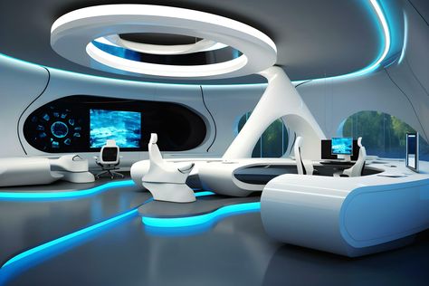 Download the Modern sci-fi futuristic interior office design. Futuristic conference room interior. Workplace and corporate concept. Generative AI illustration 24564871 royalty-free Stock Photo from Vecteezy for your project and explore over a million other images and backgrounds. Future Interior Design Concept, Sci-fi Office, Sci Fi Table, Futuristic Salon, Space Photo Booth, Futuristic Room Design, Futuristic Office Interior, Sci Fi Office, Futuristic Office Design