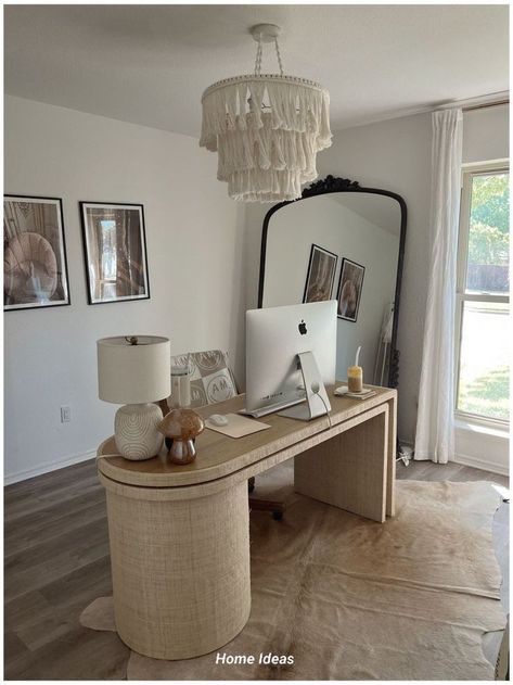 Women’s Home Office Aesthetic, Beige Home Office Aesthetic, Neutral Boho Home Office, Desk Asthetic Picture, Office Space Aesthetic Woman, Organic Modern Office Desk, Home Office Inspo Modern, Home Studio Office Ideas, His And Hers Shared Office