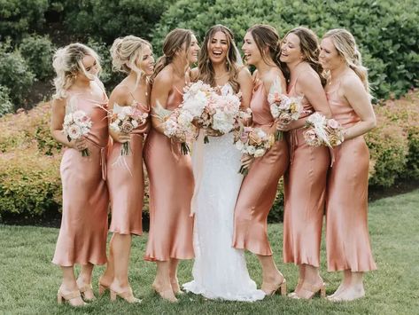 Satin Peach Bridesmaid Dresses, Pink And Peach Bridesmaid Dresses, Peach Bridal Party, Light Peach Bridesmaid Dresses, Peach Wedding Dresses, Peach Color Bridesmaid Dresses, Bridesmaid Dresses Peach, Pink And Peach Wedding, Peach And Gold Wedding