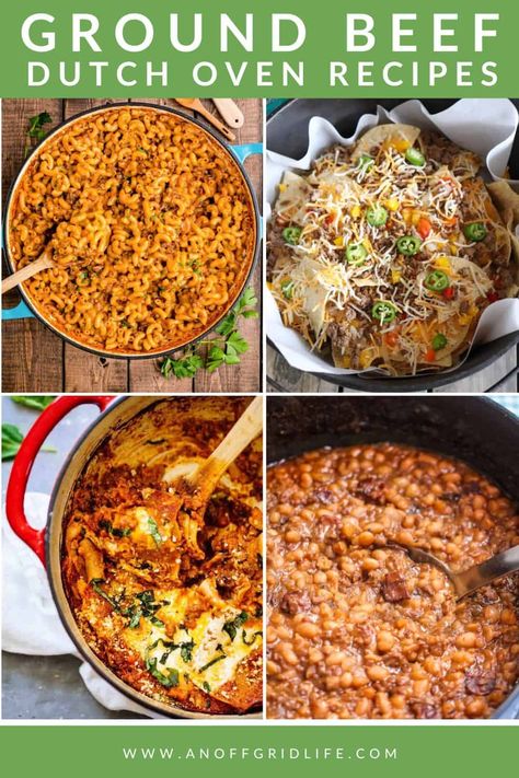 20+ Ground Beef Dutch Oven Recipes to Simplify Dinner - An Off Grid Life Dutch Oven Supper Recipes, Ground Beef Recipes Dutch Oven, Le Creuset Recipes Beef, Dutch Oven Dinners For Camping, Ground Turkey Dutch Oven Recipes, Dutch Oven Stove Top Recipes, Ditch Oven Dinner Recipes, Mexican Dutch Oven Recipes, High Protein Dutch Oven Recipes