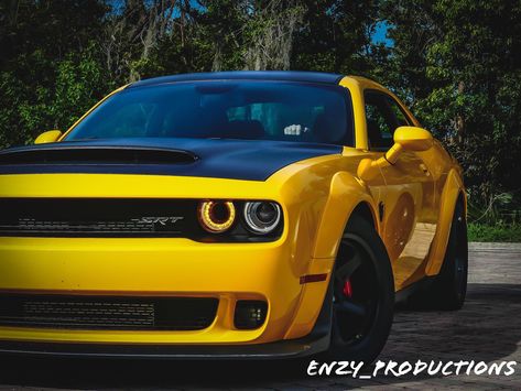 2018 Dodge Demon in yellow jacket [OC] Yellow Challenger, 2018 Dodge Demon, Demon Hellcat, Scat Pack Challenger, Srt Challenger, Hellcat Charger, Dodge Car, Car Yellow, 2018 Dodge Charger