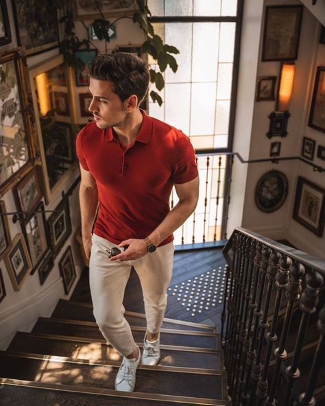 MEN ABOUT FASHION on Instagram: �“Walking upstairs in style! What do you think about red polo fit? 👌🏻 ⁣ ⁣ ⁣ ⁣ ⁣ ⁣ ⁣ ⁣ ⁣ ⁣ ⁣ ⁣ ⁣ ⁣ ⁣ ⁣ ⁣ ⁣ ⁣ #mensstreetstyle #absolutebespoke…” Men’s Red Shirt Outfit, Red Polo Shirt Outfit Men Aesthetic, Maroon Polo Outfit Men, Red Shirt Outfit Men Casual, Polo Fits For Men, Summer Polo Outfits Men, Man Red Outfit, Polo Tshirt Men Outfit Casual, Red Tshirt Outfit Mens