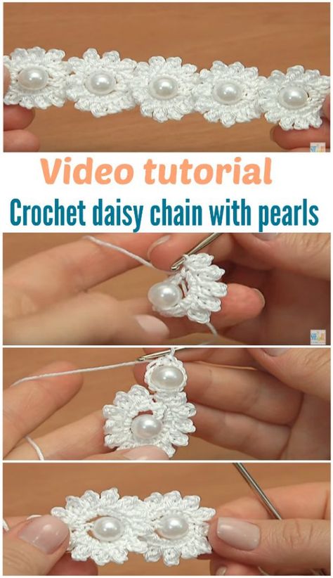 Crochet Daisy Chain, Chain With Pearls, Háčkované Lemy, Crochet Jewlery, Crochet Jewelry Patterns, Crochet Cord, Crochet Chain, Crochet Headband Pattern, Crochet Daisy