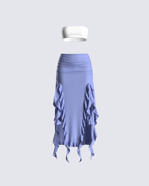 Get ready to own the streets like a runway, because this 2 piece set will turn every sidewalk into your personal catwalk 😜 Feautring a white jersey bandeau top and blue ruffle maxi skirt. Simple, cute, and a whole moment 💙 Maxi Two Piece Set, Skirt And Top Styles, Blue Top And Skirt, Two Piece Outfits Skirt, Blue Skirt Set, Cute 2 Piece Outfits, Top With Skirt, Ruffles Top, Blue Clothes