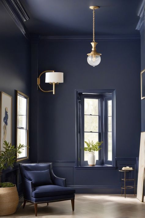 Hale Navy, Benjamin Moore, Navy Blue, Color Trend Behr New Navy Blue, Benjamin Moore Mysterious Vs Hale Navy, Navy Monochromatic Bedroom, Dark Blue Benjamin Moore Paint, New Providence Navy Benjamin Moore, Navy Half Wall, Admiral Blue Benjamin Moore, Benjamin Moore Hale Navy Bedroom, Navy Black Paint Color