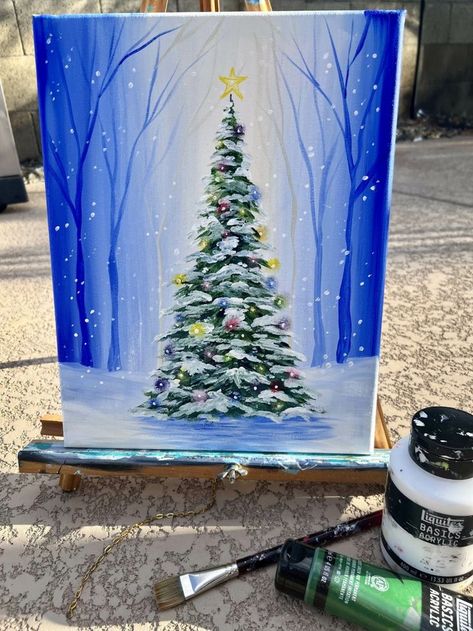 Christmas Art Diy Holiday Painting, Christmas Theme Paintings, Easy Christmas Pictures To Paint, Painting Tutorial Acrylic Step By Step, How To Paint Christmas Trees, Simple Winter Painting, Christmas Scenes To Paint, How To Paint A Christmas Tree, Holiday Acrylic Painting