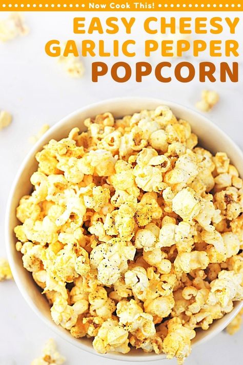 This cheesy garlic pepper popcorn is super easy to make and turns plain popcorn into a snack that's packed with flavor! Just pop up some popcorn and add butter, cheddar cheese powder and seasonings. Grab the recipe and get ready for some serious deliciousness! #cheesypopcorn #popcorn Cheesy Popcorn Recipe, Flavoured Popcorn Recipes, Cheese Popcorn Recipe, Homemade Popcorn Seasoning Recipes, Homemade Popcorn Seasoning, Popcorn Flavours, Cheesy Popcorn, Popcorn Seasoning Recipes, Flavored Popcorn Recipes