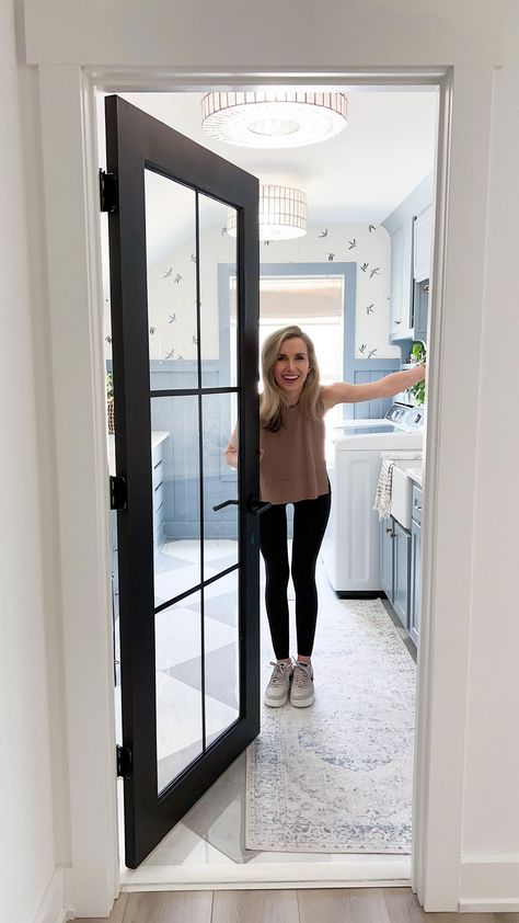 Lauren Jansen | DIY | SAME DOOR, NEW LOOK! All someone had to say was, “what a shame your door isn’t glass so you can see the laundry room…” and that’s all it… | Instagram Interior Laundry Room Door, Laundry Room With Glass Door, Glass Laundry Door, Glass Laundry Room Door, Laundry Room Door Ideas, Laundry Reno, Laundry Room Door, Black French Doors, Laundry Doors