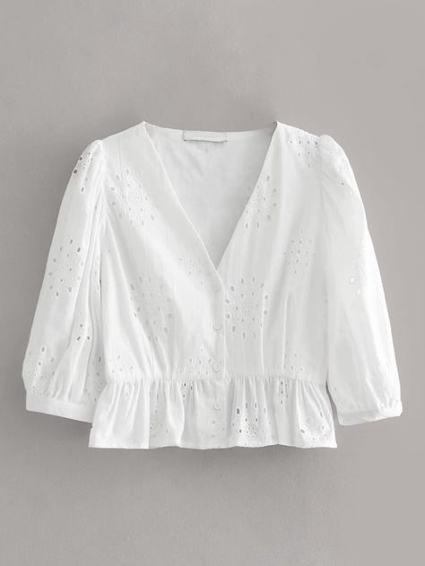 Eyelet Embroidery Peplum Blouse | SHEIN Latest Blouses, Homemade Dress, Eyelet Blouse, Eyelet Embroidery, Fashion Tops Blouse, Trendy Fashion Tops, Peplum Blouse, Women Blouses, Spring Shirts