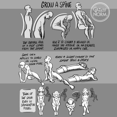 Tuesday Tips --- Grow A Spine As simple as it sounds, a character "standing up straight" or "slouching down" reveals so much about them.… Standing Up Straight, Tuesday Tips, Art Advice, Gesture Drawing, Anatomy Drawing, Poses References, Figure Drawing Reference, Anatomy Art, Art Poses