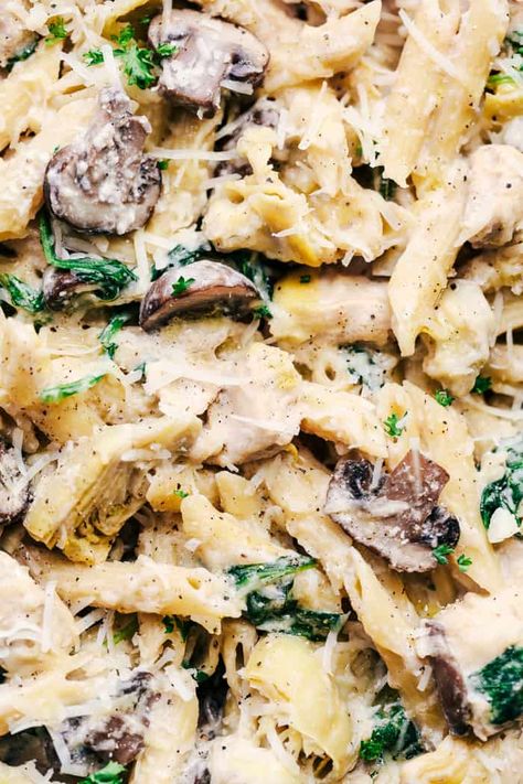 Chicken Artichoke Recipes, Mushroom Artichoke, Chicken Spinach Mushroom, Chicken Artichoke Pasta, Spinach Mushroom Pasta, Spinach Artichoke Pasta, Spinach Artichoke Chicken, Mushroom Casserole, Pasta Penne