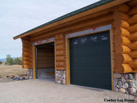 Log Garage, Wooden Garages, Cheap Log Cabins, Black Garage Door, Meadow House, Log Houses, Cheap Garden, House Makeovers, Log Cabin Ideas