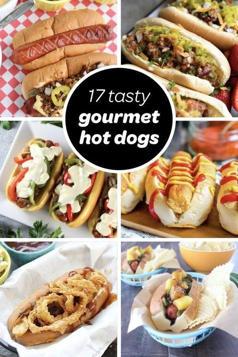 17 tasty Gourmet Hot Dogs for hot dog bars, game day food, and easy potluck main dishes. See recipes for grilled hot dogs, instant pot hot dogs, classic condiments, chili dogs, and learn how to serve hot dogs for a crowd. | sipbitego.com #sipbitego #hotdogs #summerrecipes #potluck #bbq #partyfood #chili #easyrecipe #kidfood #maindish #recipe #familymeal #vegetarian #potluck Potluck Main Dishes, Hot Dogs For A Crowd, Vegetarian Potluck, Gourmet Hotdogs, Grilled Hot Dogs, Main Dish For Potluck, Bacon Hot Dogs, Baked Hot Dogs, Vegan Hot Dog