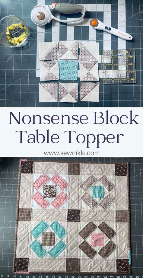 quilt block being made on cutting matt and completed table topper Round Table Toppers Quilted Patterns Free, Square Table Toppers Free Pattern, Quilted Table Topper Patterns, Table Topper Patterns Free, Quilted Table Toppers Patterns Free, Topper Tips, Review Tips, Table Topper Patterns, Mini Quilt Patterns