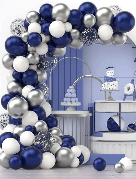 Navy Party Decorations, Fathers Day Decor, Carnival Party Decorations, Bday Decor, Sweet 17, 60th Bday, Silver Balloon, Silver Party, Blue Birthday