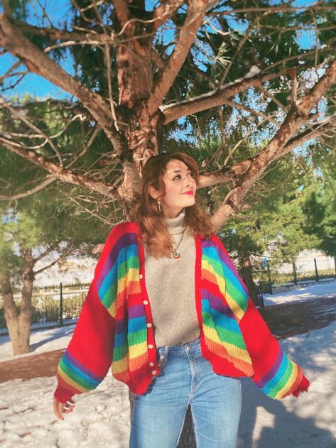 Rainbow Knit Cardigan Chunky Cardigan Knitted Jacket | Etsy Colorblock Cardigan, Rainbow Cardigan, Clothing Finds, Teaching Outfits, Kawaii Diy, Cardigan Knitted, Knitted Jacket, Berlin Fashion, Rainbow Fashion