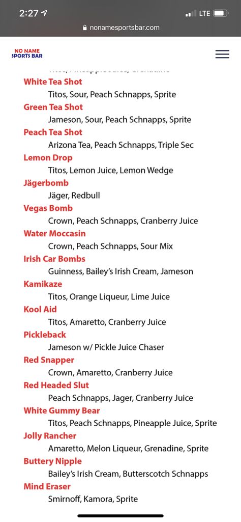 Gallon Drinks Alcohol, Tips For Bartending, Common Shots At Bars, Dirty Drink Recipes, Popular Bar Shots, Basic Bartending Drinks, Porch Crawler Drink, Bartending Drinks Recipes, Bartending 101 Cheat Sheets Drink Recipes