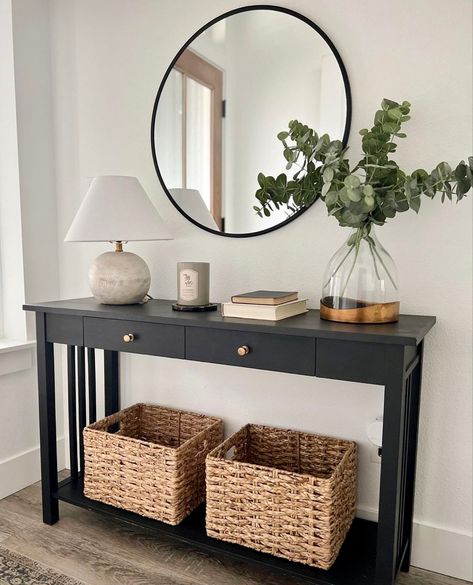 How To Decorate A Console Table, Black Console Table, Console Table Decorating, Entryway Table Decor, Table Decorating, Hallway Table, Table Lamp Wood, Entryway Ideas, Home Entrance Decor