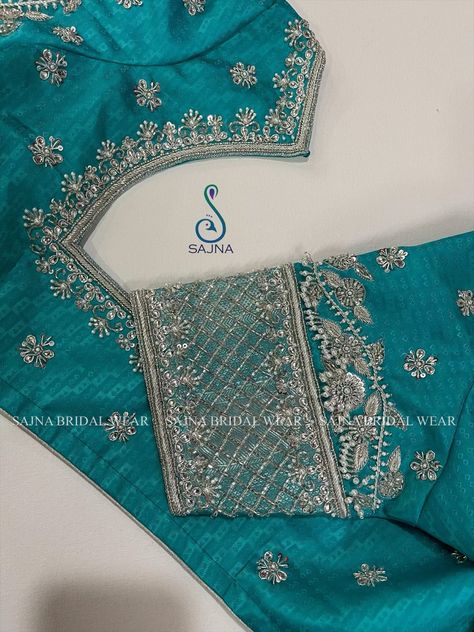 Sky Blue Maggam Work Blouse Designs, Baby Shower Blouse, Exclusive Blouse Designs, Magam Work, Blue Blouse Designs, Netted Blouse Designs, Zardosi Embroidery, Maggam Work Designs, Traditional Blouse Designs