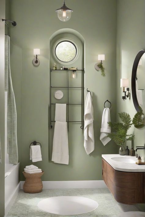 Experience the serene bathroom vibe with rich green tones like Fiddlehead Green (BM 2041-20) as you dive into our daily interior designer routine for a touch of luxury. #Ad #homedecor #homedesign #bathroom #Painthome interiorarchitecture best Wall Colors for Bathroom Colors Bright Room Colors best colors combinations bathroom bathroom Remodeling Modern Paint Colors 2024 Jade Bathroom Ideas, Grey Green Bathroom Walls, Grey Tile Green Walls Bathroom, Mossy Green Bathroom, Bathroom Color Ideas 2024, Light Green Bathroom Walls, Guest Bathroom Green, Grey Green Bathroom, Bathroom With Green Accents