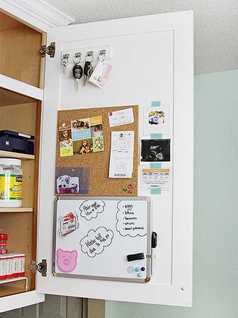 If you don't like the look of command centers, but still need one, or if you just don't have the wall space, put your command center on the inside of a cabinet door #homeideas #commandcenter #familycommandcenter #bhg Command Center Kitchen, Kitchen Cabinet Organization Ideas, Command Centers, Diy Kitchens, Organize Kitchen, Family Command Center, Kabinet Dapur, Kitchen Design Diy, Hidden Kitchen