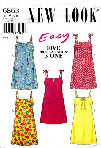 New Look 6863 Misses Dresses Spaghetti Strap Summer Sewing Pattern Easy Sizes 6-16 Strap Dress Pattern, Dress Variations, Slip Dress Pattern, Summer Sewing Patterns, Sundress Sewing Patterns, Summer Dresses Diy, Summer Dress Sewing Patterns, Sundress Pattern, Summer Sun Dress