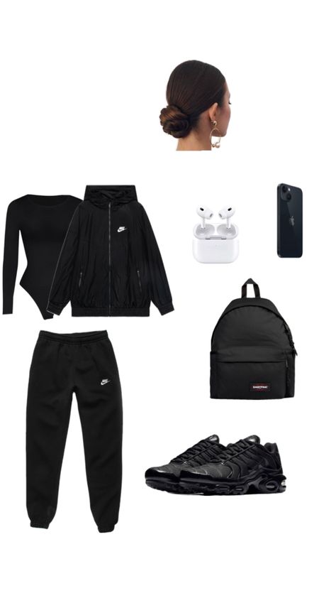 How To Style Black Shoes, Nike Winter Outfits, Fits With Black Sweatpants, Sport Outfits Women, Baddie Outfits Black Women, How To Style Black Sweatpants, Outfit Ideas Board, Outfit Ideas With Sneakers, Black Outfits For Women