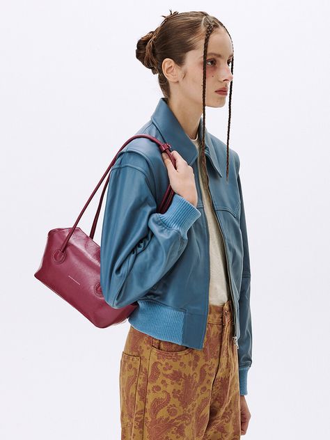 Designer fashion, Seoul-fully created | W Concept Leather Bag Outfit, Marge Sherwood, Mini Hobo Bag, Bag Outfit, Daily Bag, Medium Bag, Purple Leather, Purple Bags, Shopper Bag