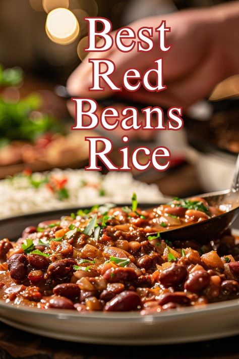 Scene of Louisiana-Style Red Beans with Aromatic Rice being plated for serving Mexican Red Beans And Rice Recipe, Mexican Beans And Rice Authentic, Louisiana Red Beans And Rice Recipe, Louisiana Red Beans And Rice, Louisiana Red Beans, Mexican Beans And Rice, Red Beans And Rice Recipe, Red Beans N Rice Recipe, Bean Dishes