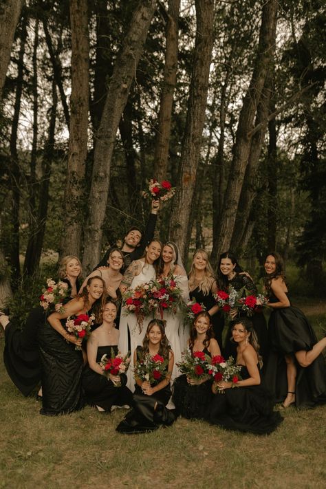 We love a bold wedding moment! Whether you're a bold bride or a sucker for a traditional look, we'll help you pick the perfect florals for your big day. Click the link in our bio to schedule a free wedding consultation! Venue: @blackcanyoninn Photography: @graciewilsonphotography Hair: @bridalbylexborino Makeup: @nicoletoledomakeupartistry DJ: @hellowanderbeats Cake & Desserts: @crumblcookies Dress Designers: @sarahseven @madewithlovebridal Jacky’s Tattoo Artist: @theangelrose * * * * * #wed... Black Dress Wedding Party, Black Dress Wedding, Red Bridesmaid, Dress Wedding Party, Bridesmaid Bouquets, Flowers Black, Black Wedding Dresses, Bridesmaid Flowers, Wedding Moments