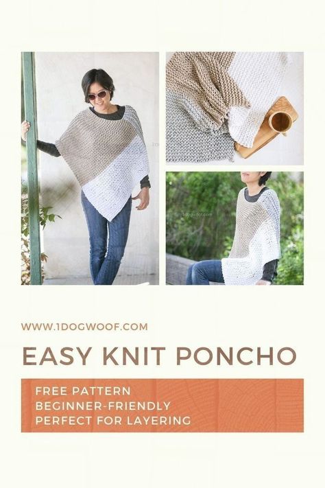 Easy Knit Poncho, Knit Garter Stitch, Poncho Au Crochet, Knitting Poncho, Beginner Knitting, Knitting Patterns Free Sweater, Poncho Knitting Patterns, شال كروشيه, Knit Stitches