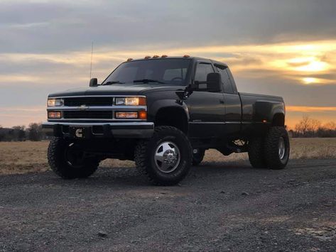 Badass 90’s model Chevrolet K3500 Ext Cab Dually lifted with a Cummins power plant under the hood! Obs Chevy Dually, K3500 Dually, Obs Chevy Lifted, Chevy 3500 Dually, Lifted Dually Trucks, Chevy Dually, Obs Chevy, Obs Truck, Chevy Trucks Silverado