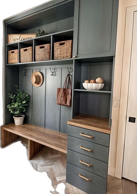 Modern Farmhouse Mudroom, Pantry Door Storage, Brick Bedroom, Mudroom Bench Ideas, Farmhouse Mudroom, Mudroom Organization, Mudroom Decor, Laundry Room Closet, Green Kitchen Cabinets