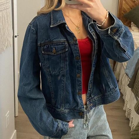 dark wash denim jacket  brand unknown no tag... - Depop Demin Jacket Outfit Women, Denim Jacket Outfit Aesthetic, Dark Denim Jacket Outfit, Blue Denim Jacket Outfit, Cute Cardigan Outfits, Dark Blue Denim Jacket, Dark Wash Denim Jacket, Dark Denim Jacket, Jacket Outfit Women