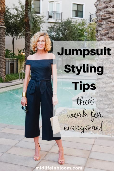 5 jumpsuit styling tips that work for everyone from Lisa at Midlifeinbloom.com Jumpsuit Accessories Classy, What To Wear With Jumpsuit Outfit, Flattering Jumpsuits For Women, Womens Jumpsuits Casual Classy, How To Style A Jumpsuit Casual Summer, Jumpsuit For Women Over 50, Work Jumpsuits For Women, Shoes To Wear With Jumpsuit Dressy, Jumpsuit Shoes Outfit