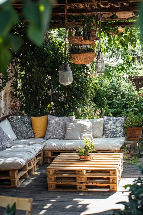 Create budget-friendly outdoor furniture with pallets! Perfect for a relaxed, rustic patio setup. #PalletProjects #OutdoorFurniture #DIYPatio Diy Patio Furniture From Pallets, Pallet Chairs Outdoor, Furniture With Pallets, Create Budget, Relaxed Rustic, Patio Setup, Wooden Patio Furniture, Pallet Furniture Designs, Outdoor Design Ideas