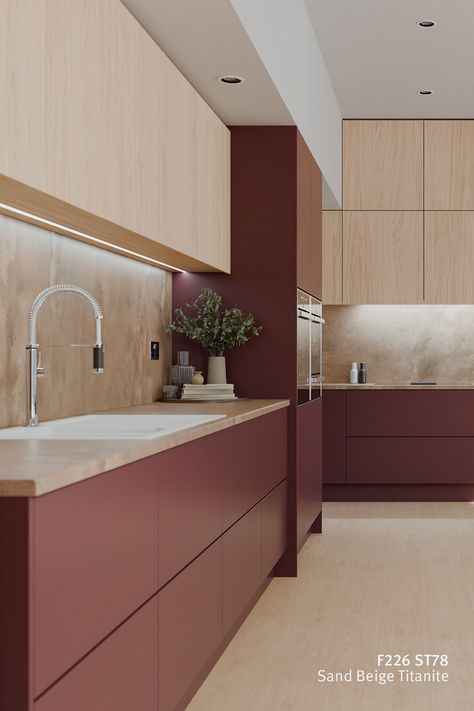 Kitchen Worktops - Red Kitchen Egger Kitchen, Coloured Kitchens, Warm Grey Kitchen, Realistic Bedroom, Classy Interior, Kitchen 2024, Colour Gradient, Authentic Decor, Cosy Interior