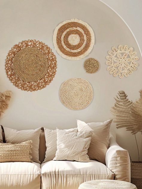 1PC/3pcs/5pcs Bohemian Wind Wall Decorative Hanging Basket, Flat Circular Bohemian Wind Wall Basket With Tassels, Decorative Rattan Wall Hanging Woven Art Basket, Used For Bedroom, Home, Living Room, Kitchen Wall Decoration Multicolor    Straw     Home Decor, size features are:Bust: ,Length: ,Sleeve Length: Wall Basket Decor Living Room, Bali Inspired Home, Decorative Hanging Baskets, Kitchen Wall Decoration, Rattan Wall Decor, Art Basket, Boho Art Deco, Hanging Rattan, Rattan Wall