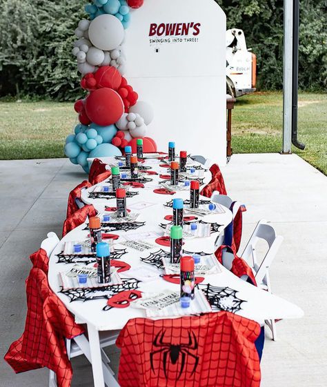 Spider-Man Theme ready for action!! @the_box_babe nailed this setup!! Check her out for your party needs!! Spider Man Birthday Party Decor, Spiderman Birthday Table Decor, Spidy Party Ideas, Toddler Spider Man Birthday, Muted Spiderman Party, Spidey 2nd Birthday Party, Spider Man Party Decor, Spiderman Themed Birthday Party, Spiderman Table Decorations