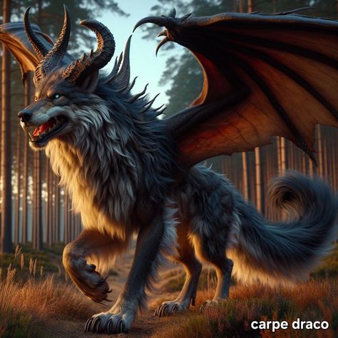 Dragon Wolf Hybrid, Wolf Dragon Hybrid, Mythical Creature Art, Magical Wolf, Dragon Wolf, Myths & Monsters, Mythical Creatures Fantasy, Mystical Animals, Fantasy Wolf