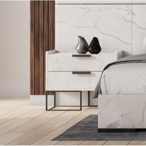 Ivy Bronx Miesner Italian 2 Drawer Nightstand & Reviews | Wayfair Marble Bedside Tables, Marble Veneer, Beautiful Bedside Tables, Nightstand Design, Leather Platform Bed, Nightstand Wood, Bedside Table Design, Side Tables Bedroom, Themed Bedroom