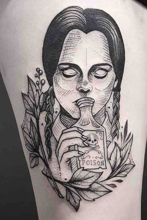 Addams Family Tattoo, Wednesday Addams Tattoo, Literary Tattoos, Spooky Tattoos, Halloween Tattoo, Gothic Tattoo, Horror Tattoo, Cartoon Tattoos, Halloween Tattoos