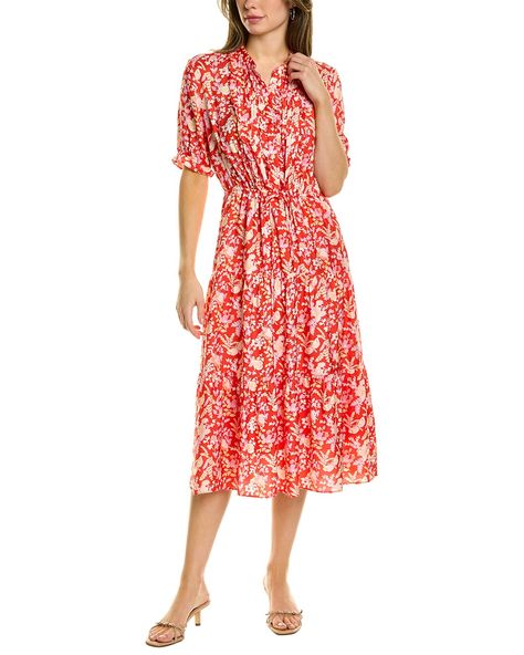 Rue La La — J.McLaughlin Harriet Silk-Blend Midi Dress White Knee Length Dress, Midi Summer Dress, Colorful Summer Dresses, Dress Butterfly, Wrap Shirt Dress, Trim Colors, Houndstooth Dress, J Mclaughlin, Bow Detail Dress